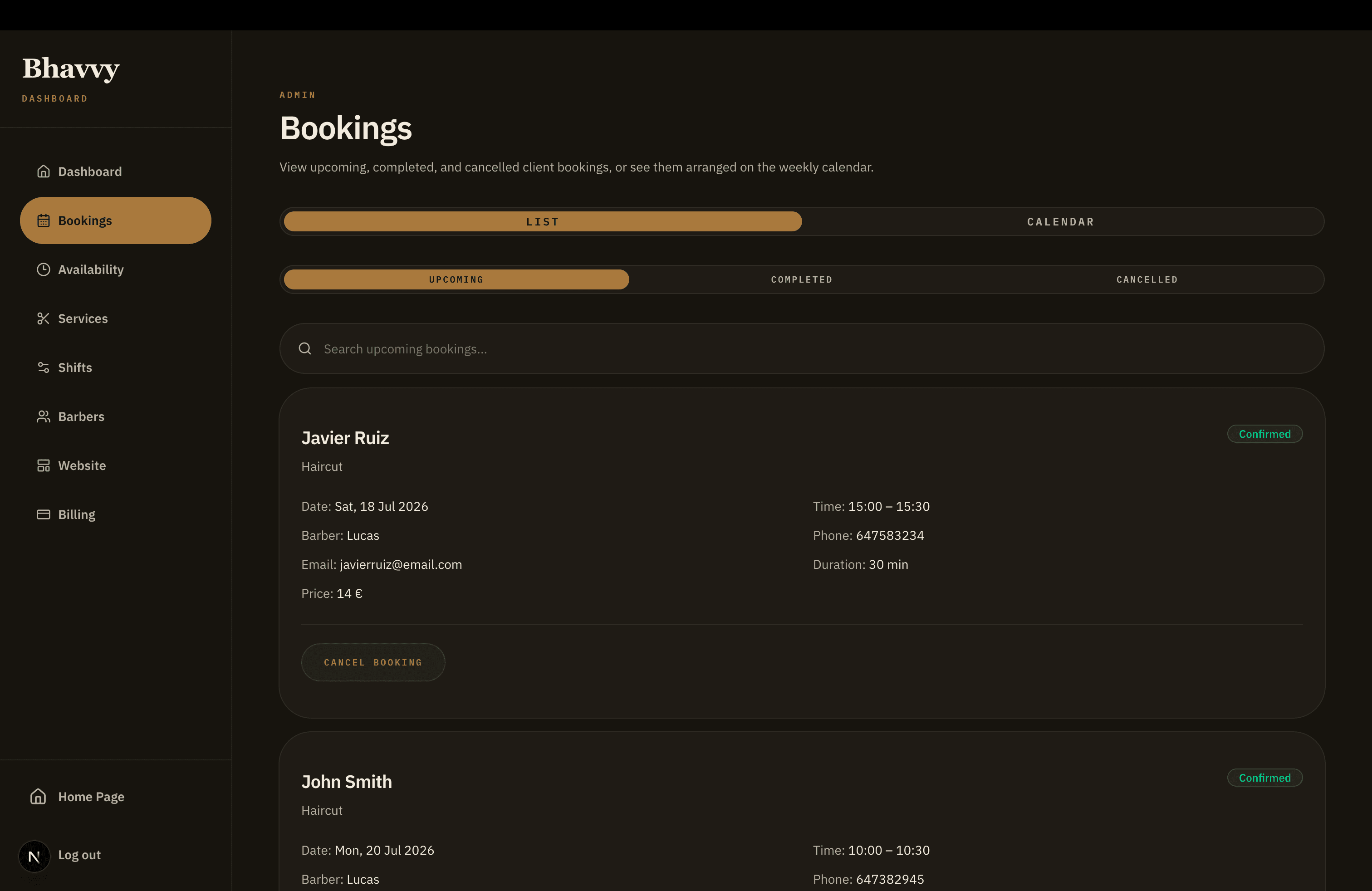 Bhavvy bookings management page