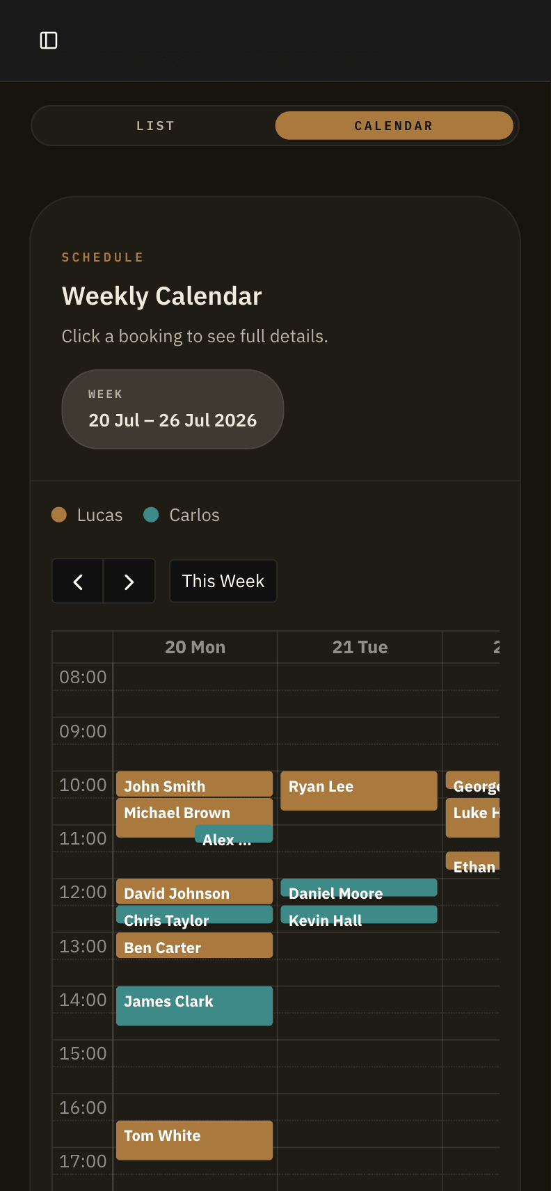 Mobile date and time booking screen